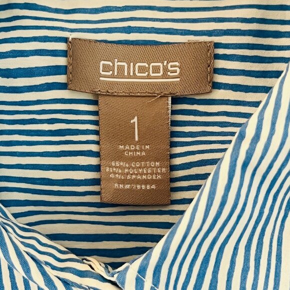 Chicos Button Up Shirt Cotton Blend Womens Sz 1 Blue Coastal Preppy Stripe Chic - Picture 5 of 9
